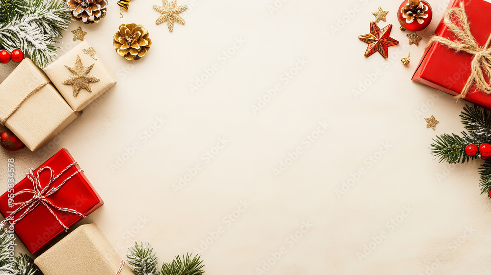 Festive Christmas gift boxes and decorations create joyful holiday atmosphere. Perfect for seasonal celebrations and special offers. Festive Christmas gift boxes and decorations create joyful holiday atmosphere. Perfect for seasonal celebrations and special offers.
