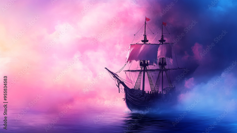 A spectral pirate ship emerges from fog on cursed sea, creating mysterious and enchanting atmosphere. A spectral pirate ship emerges from fog on cursed sea, creating mysterious and enchanting atmosphere.