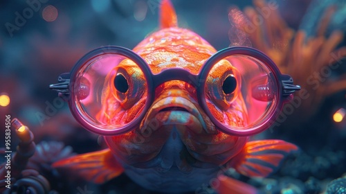 Neon Smartass Fish: Amusing Anthropomorphic Nerd with Unhappy Funny Face and Glasses in Underwater Humorous Concept