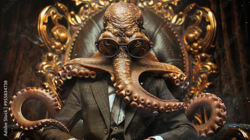 Fototapeta premium An octopus in a suit sits on a throne with gold accents, his tentacles wrapped around him and his expression thoughtful.