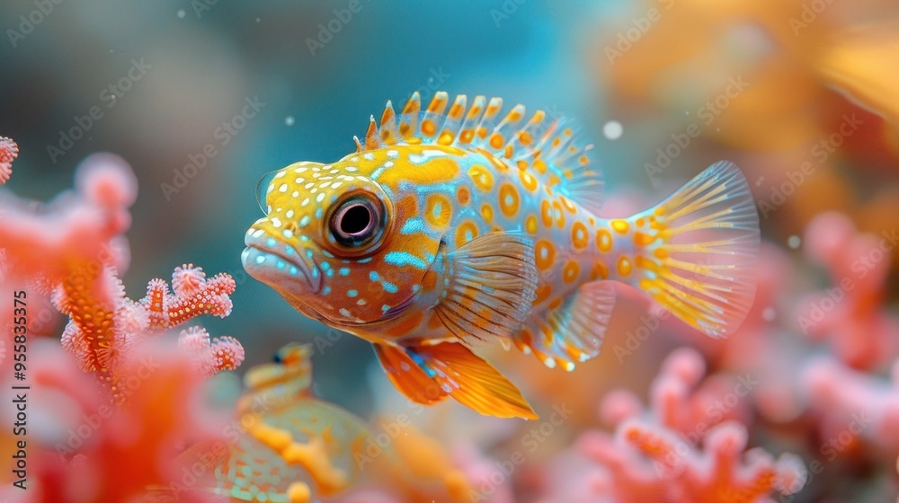 Obraz premium Vibrant Honeycomb Cowfish Swimming in Clear Blue Waters
