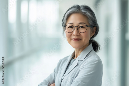 Senior professor of university. Elder asian woman of 60 years. Closeup portrait photo. photo