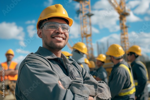 Construction workers wearing safety vest and helmet photo