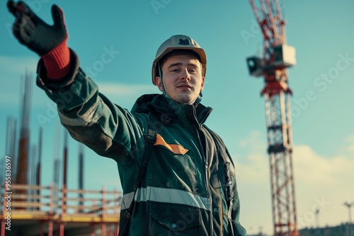 Construction worker wearing a hard hat and safety vest with hand gesture photo