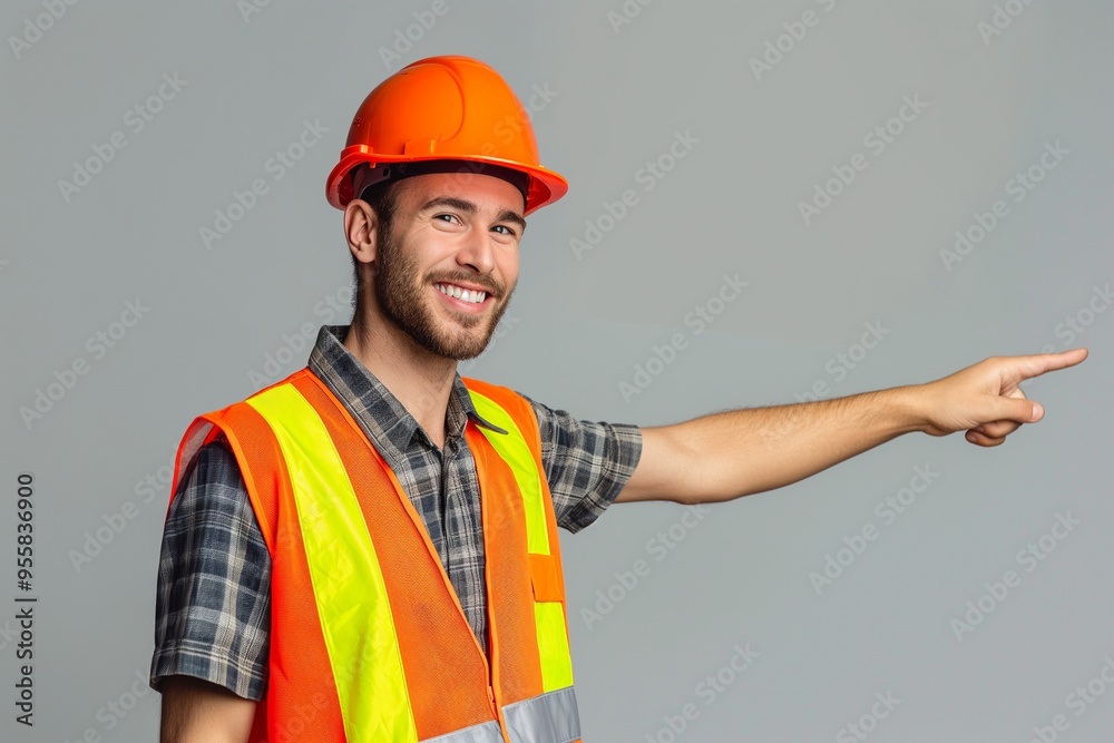 Engineer in an orange helmet and vest hand gesture isolated on background Engineer in an orange helmet and vest hand gesture isolated on background