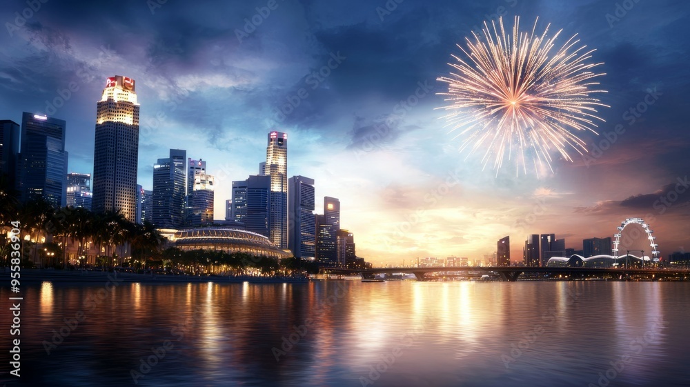 A city skyline with a large firework display in the background A city skyline with a large firework display in the background
