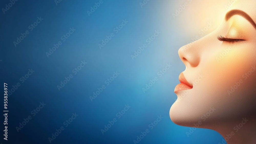A woman's face is shown with a blue background A woman's face is shown with a blue background