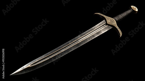 A sword with a gold hilt and a black handle photo