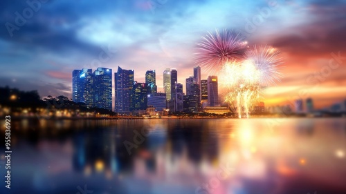 A city skyline with a large body of water in the background