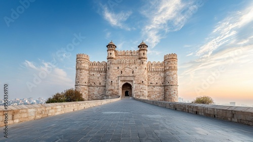 A large castle with a large archway and a bridge leading to it photo