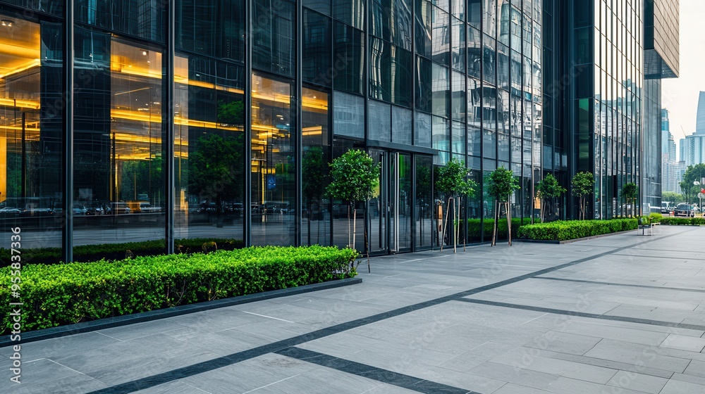 Modern Glass Office Building Facade with Greenery and Sidewalk