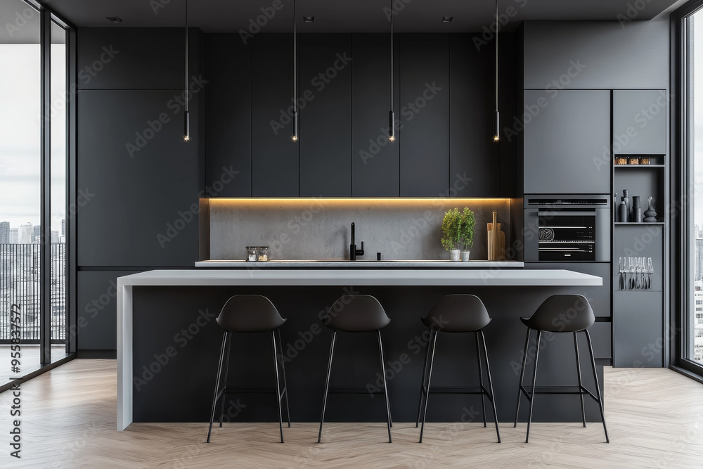 Elegant modern kitchen interior with black cabinets, white countertop ...