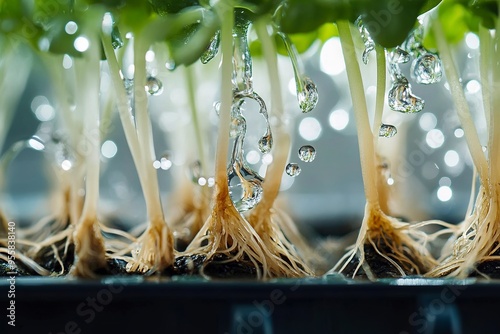 Seedlings Sprouting: Water droplets cascade onto vibrant basil seedlings, their delicate roots anchoring them to the earth.  A close-up shot showcasing the beauty of new life and growth. photo