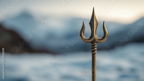 A gold trident is standing in the snow photo