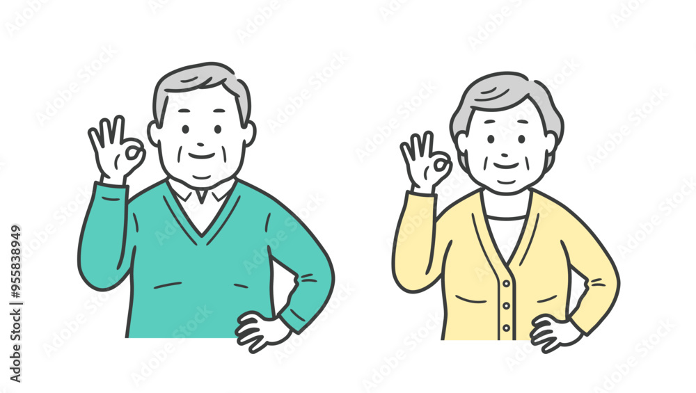 OKポーズをして腰に手を当てる小太り高齢者男女の上半身イラスト
OKポーズをして腰に手を当てる小太り高齢者男女の上半身イラスト