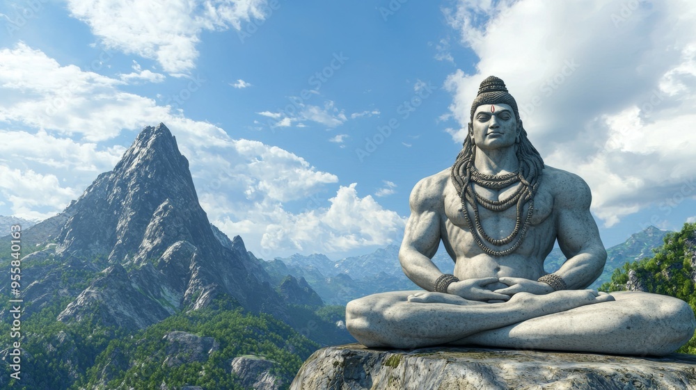 A statue of a man sitting on a rock in front of a mountain A statue of a man sitting on a rock in front of a mountain
