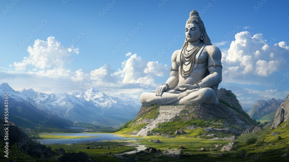 A statue of a man sitting on a mountain with a blue sky in the background A statue of a man sitting on a mountain with a blue sky in the background