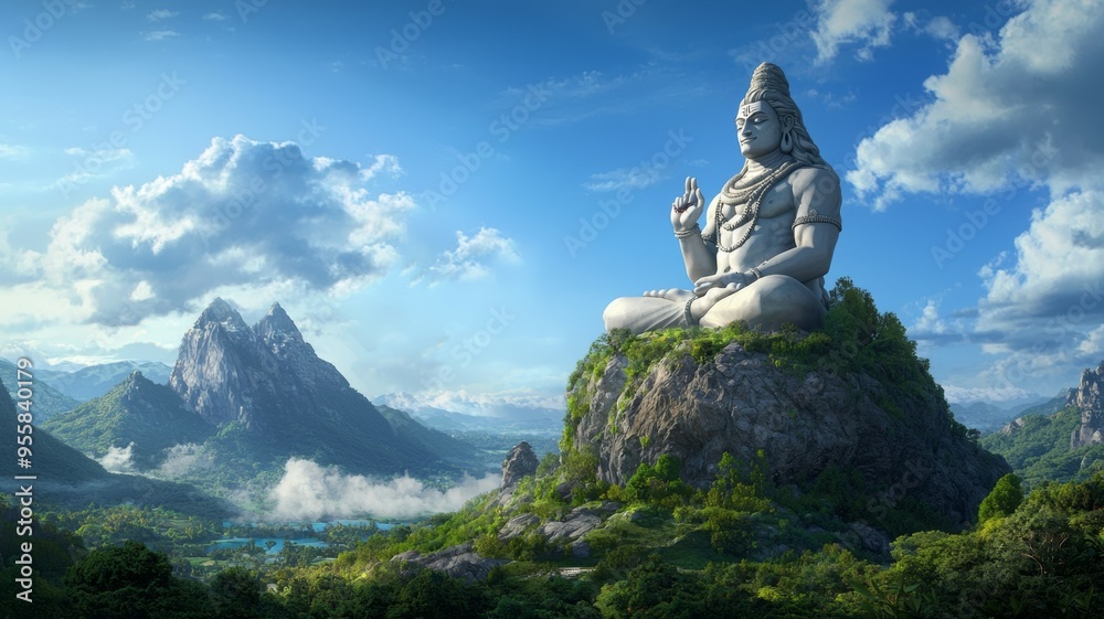 A statue of a man sitting on a mountain with a blue sky in the background A statue of a man sitting on a mountain with a blue sky in the background