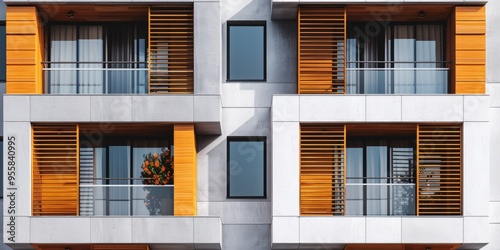 Contemporary architectural designs A residential building facade featuring modern geometric details on a sunny summer day