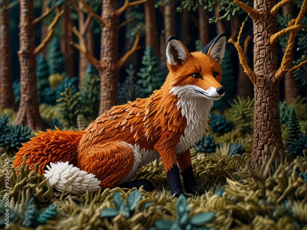 Fototapeta premium A Sculpted needlework Fox in a Woodland Setting
