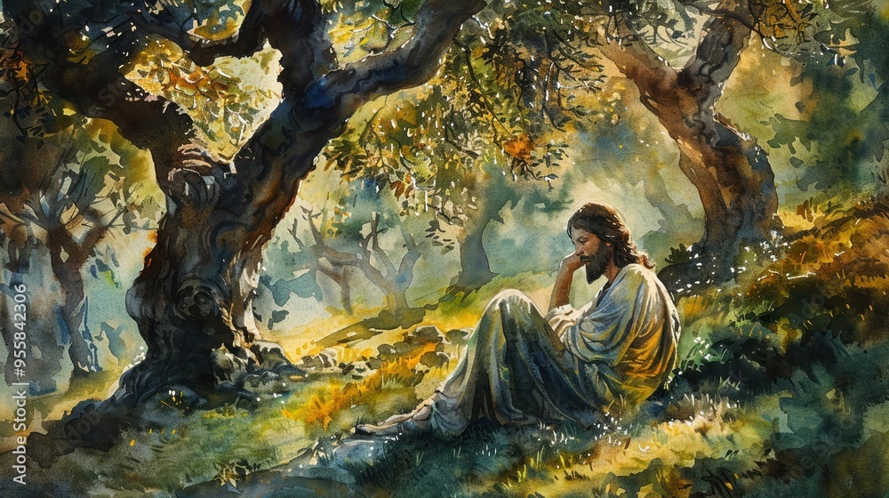 Jesus in the Garden of Gethsemane surrounded by glowing olive trees Jesus in the Garden of Gethsemane surrounded by glowing olive trees