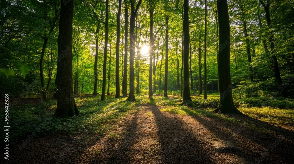 Obraz premium forest, nature, tree, sun, light, landscape, trees, sunlight, green, woods, morning, autumn, fog, path, wood, mist, ray, road, sunbeam, park, misty, leaf, sunrise, rays, sunshine