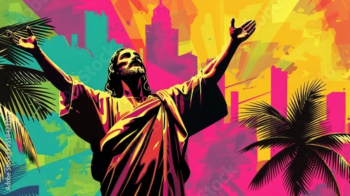 Jesus triumphal entry into a modern city with digital palms festive and uplifting