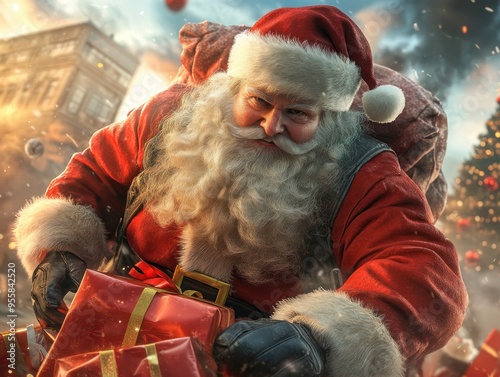 Jolly Santa Claus Delivers Presents in a Festive Christmas Setting, Spreading Holiday Cheer and Joyful Celebrations, Perfect for Christmas Cards, Decorations, and More photo