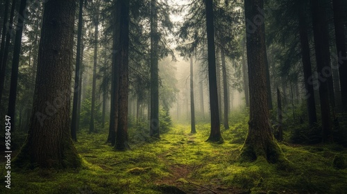 Wallpaper Mural forest, nature, tree, sun, light, landscape, trees, sunlight, green, woods, morning, autumn, fog, path, wood, mist, ray, road, sunbeam, park, misty, leaf, sunrise, rays, sunshine Torontodigital.ca