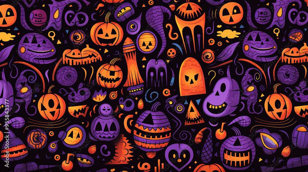 Halloween Abstract Background with Jack-O'-Lanterns and Moonlit Scene Halloween Abstract Background with Jack-O'-Lanterns and Moonlit Scene