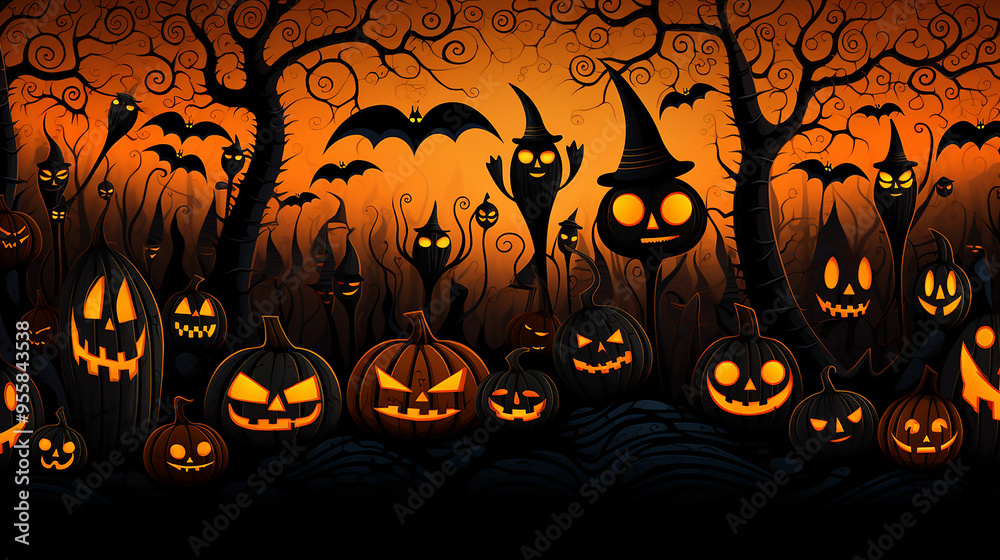 Halloween Abstract Background with Jack-O'-Lanterns and Moonlit Scene Halloween Abstract Background with Jack-O'-Lanterns and Moonlit Scene