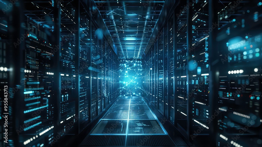 A futuristic hallway with glowing servers and a glowing network connection in the distance. A futuristic hallway with glowing servers and a glowing network connection in the distance.
