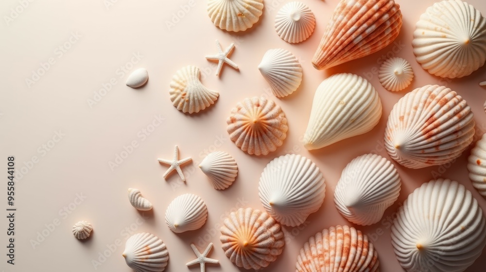 A collection of seashells arranged in a circle on a white background A collection of seashells arranged in a circle on a white background