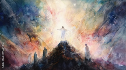 The Transfiguration with Jesus glowing in a white light flanked by Moses and Elijah