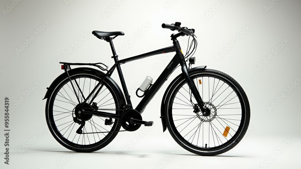 A black bicycle with a white bottle on the handlebars A black bicycle with a white bottle on the handlebars