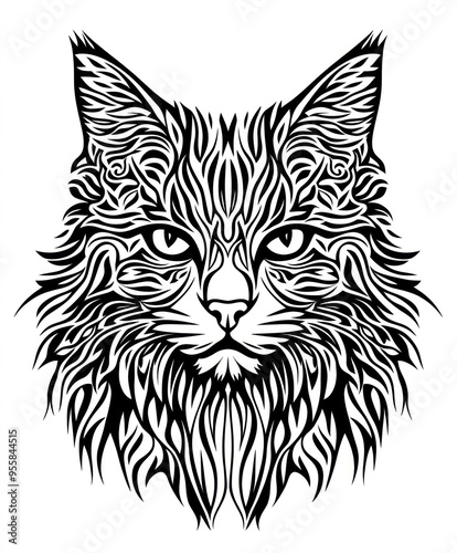 A stylized illustration of a cat's face with intricate line patterns and details.