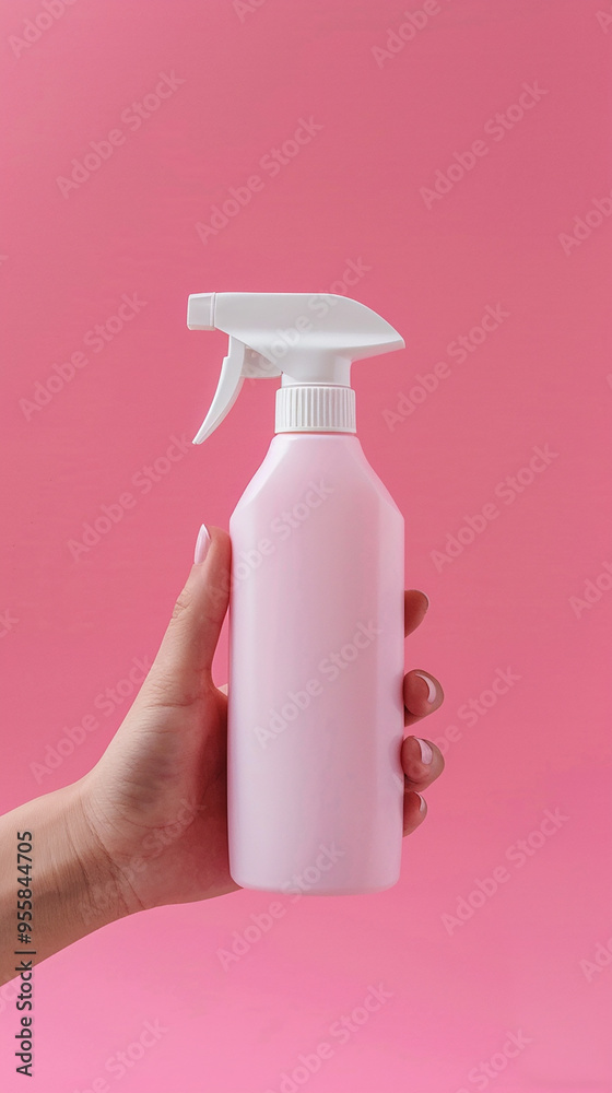 Product Photography of White Spray Bottle with Hand on Pink Backdrop