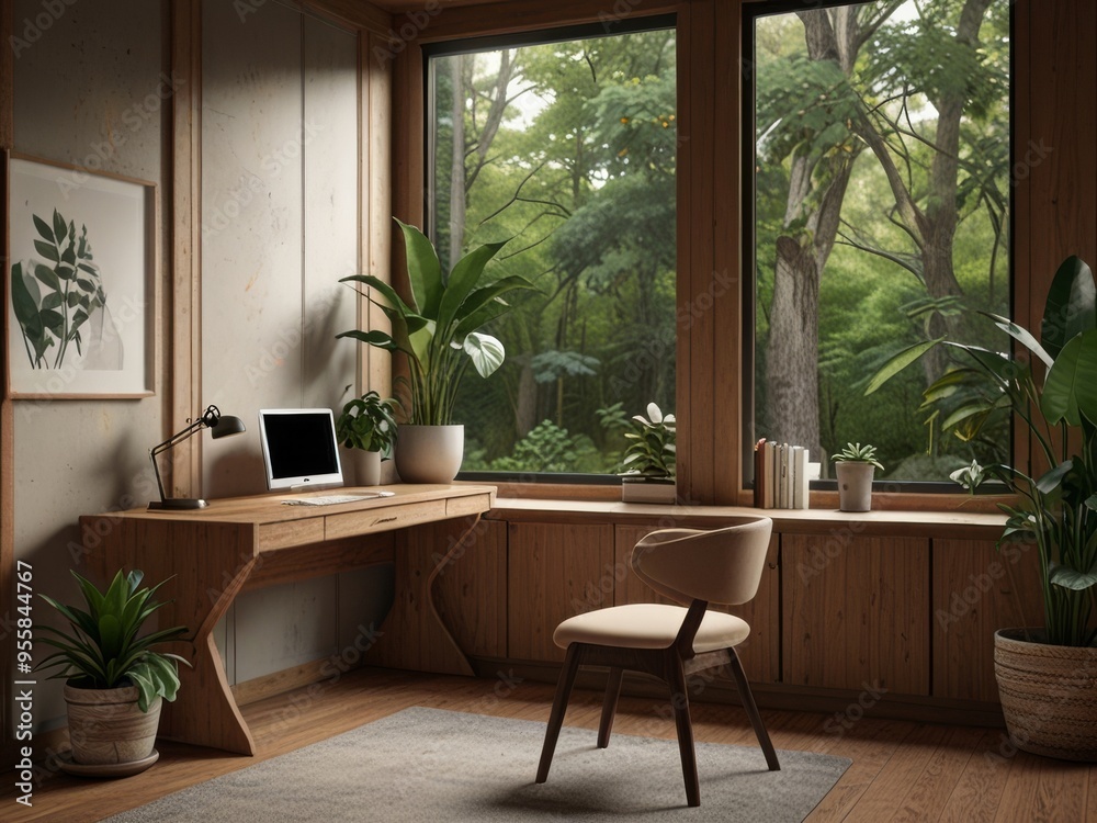 Modern Bedroom with Wooden Accents and a View Modern Bedroom with Wooden Accents and a View