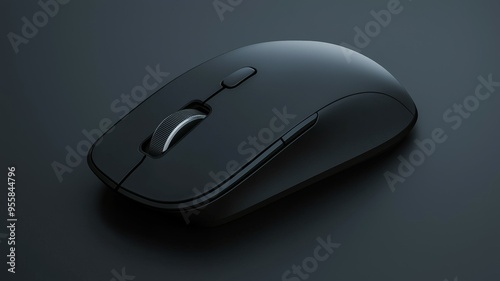 A black computer mouse is sitting on a dark surface