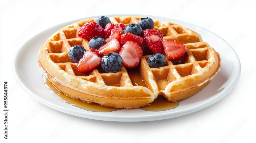 A plate of waffles with strawberries and blueberries on top A plate of waffles with strawberries and blueberries on top