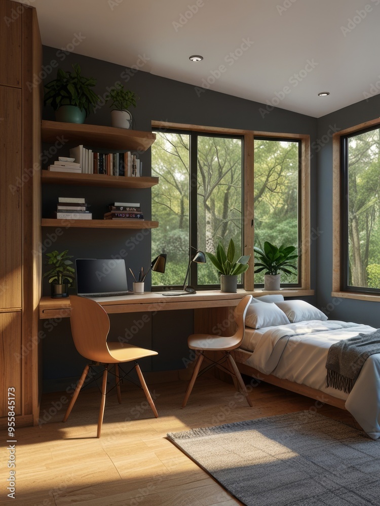 Modern Bedroom with Wooden Accents and a View