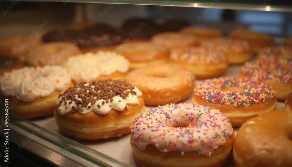 a display of donuts with different flavors including sprinkles and sprinkles. a display of donuts with different flavors including sprinkles and sprinkles.