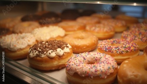 a display of donuts with different flavors including sprinkles and sprinkles.