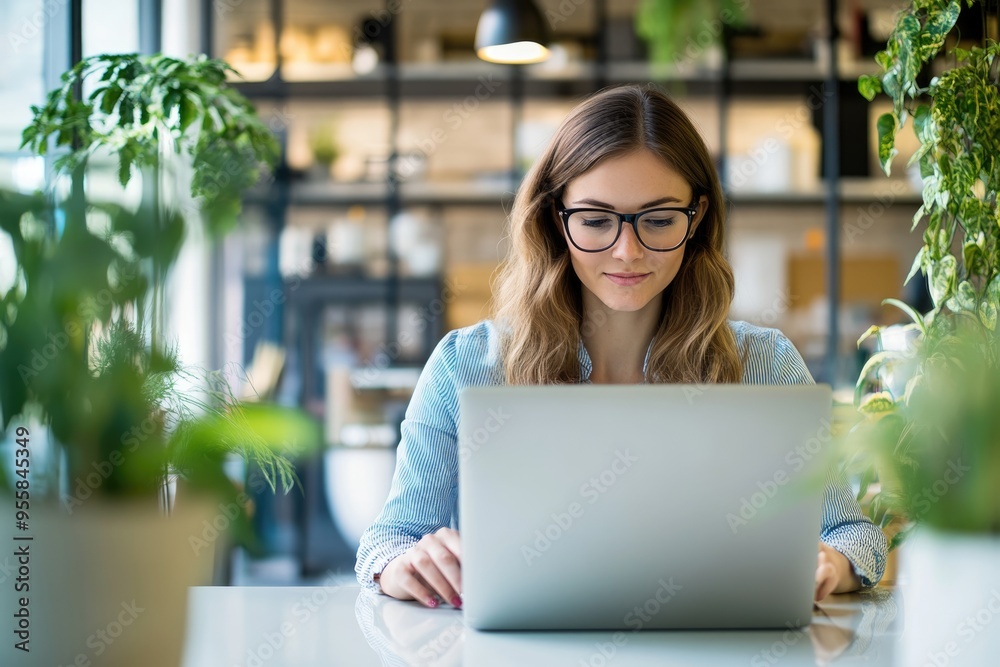 A young professional woman marketer works on her laptop in a brightly lit office, the scene exuding a light, happy feel with a high-end lifestyle magazine aesthetic