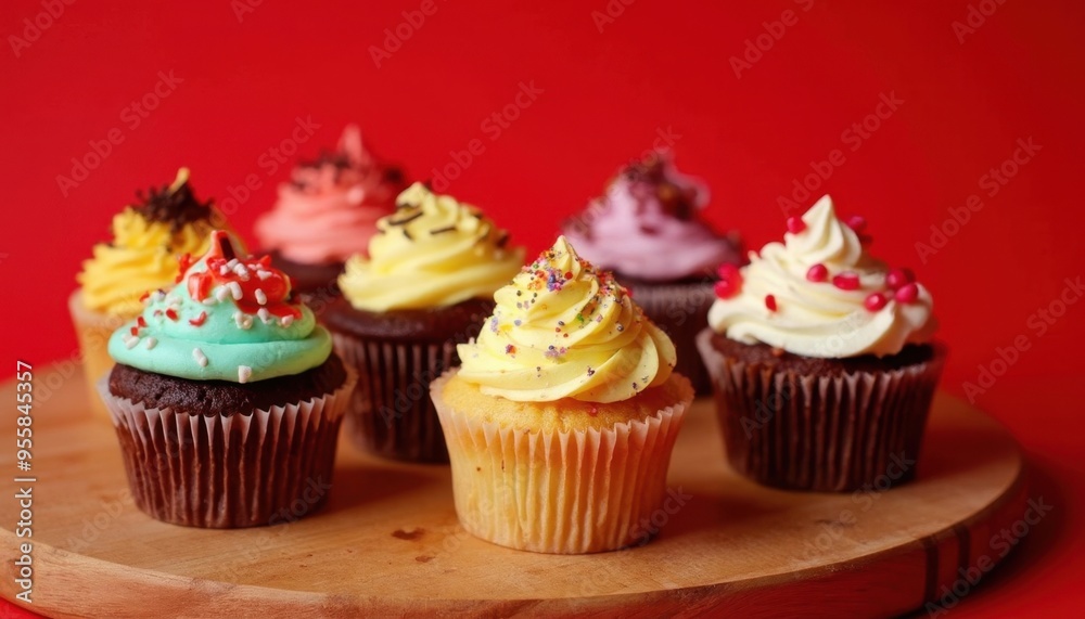 a row of cupcakes with strawberries on top of them. a row of cupcakes with strawberries on top of them.
