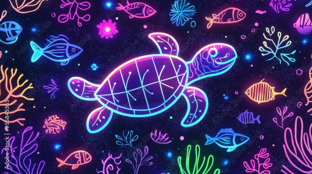 Neon Sea Turtle with Fish and Coral Underwater Illustration Neon Sea Turtle with Fish and Coral Underwater Illustration
