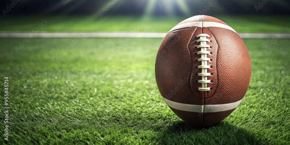 Obraz premium American football ball on grass field, sports, football, equipment, game, recreation, sporty, touchdown, competitive, team, leather