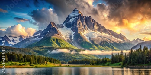Scenic landscape featuring a majestic mountain in the background, mountain, landscape, scenic, nature, outdoor, beauty, peaks