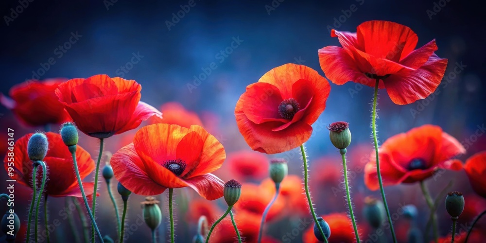 Obraz premium Close-up of vibrant red poppies against a dark background, symbolizing remembrance and memorials, Remembrance, Armistice Day