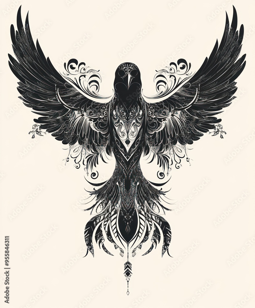 Fototapeta premium A stylized black and white illustration of a bird with intricate patterns and designs.